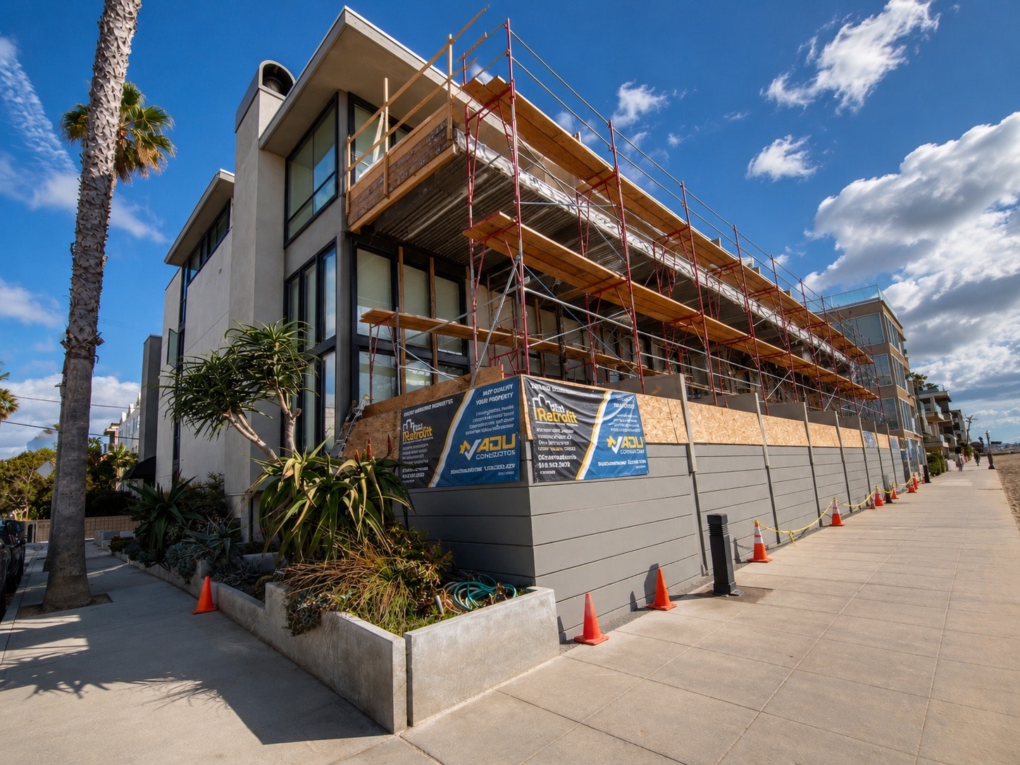 A scaffolded modern multifamily building undergoing exterior and balcony compliance work, with Cal Retrofit site signage on the hoarding.